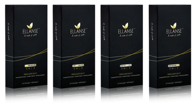 4 boxes of ellanse fillers displayed in a row white background