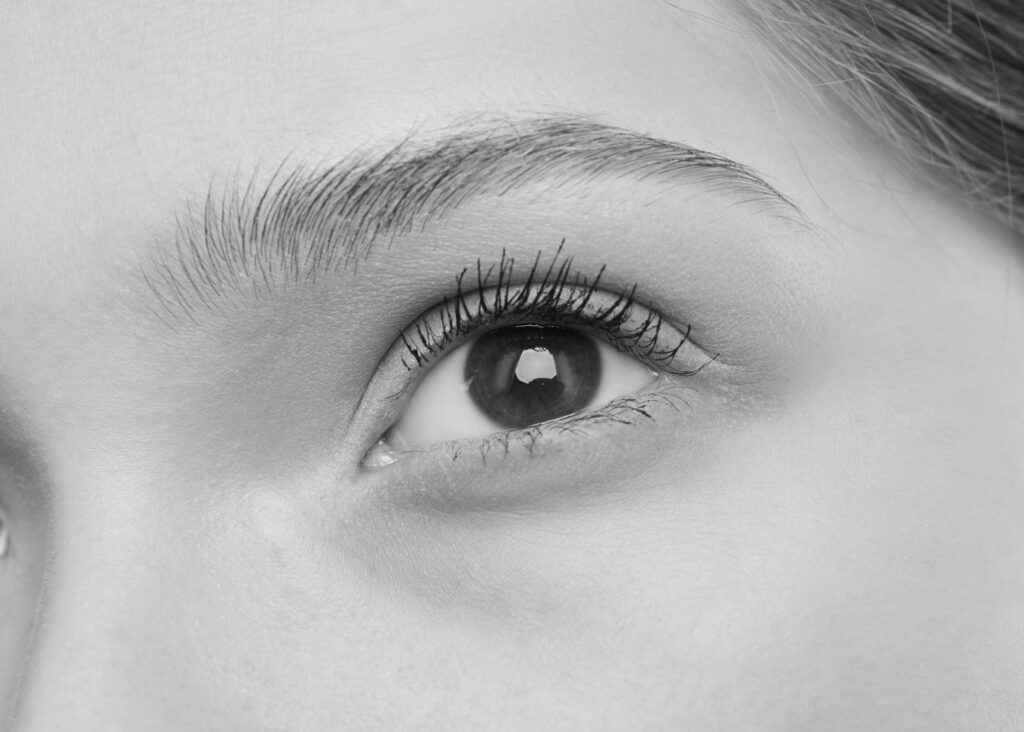 close up of a woman eye with mascara monotone