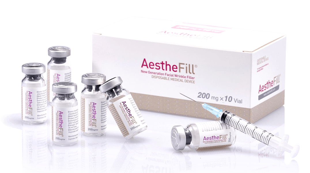 AestheFill filler box, syringe and bottles in white background